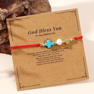 NEW! Adjustable Red Thread Bracelet with Turquoise-Colored Cross